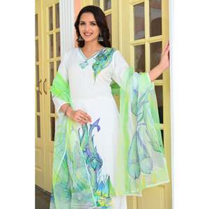 Chiffon Hand Painted Solid <b>Print</b> Kurta Top with Trousers & Dupatta (XXL/XXL) - Product Image 4