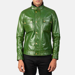 Chaqueta de Motero Darren de Cuero Genuino de Vaca y PU, Verde Desgastado, Cuello Alto, Cierre de Cremallera Reversible, Tallas XS-6XL para Otoño - Product Image 3