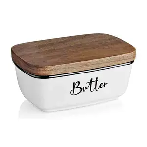 Modern Style Ceramic Butter Dish with Lid for Countertop Handmade Porcelain Butter Keeper Containers with Wooden Lid