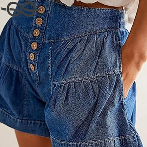 Short en jean mignon à ourlet à volants pour femmes Short en jean taille haute jambe large bouton plissé Mode d'été évasée fluide - Product Image 3