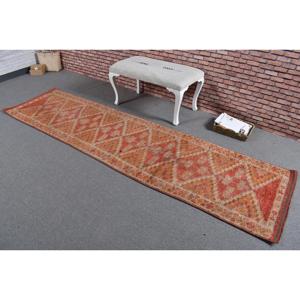 Turkish Vintage Rug, <b>Runner</b> 2.5x9.8 ft (77x300 cm) Rug, <b>Red</b> Check Wool Rug - Product Image 2