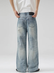 Jean en denim délavé taille haute pour homme, coupe ample, jambe large, style décontracté en coton, collection printemps - Product Image 6