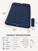 Matelas de camping gonflable double, 7 cm d'épaisseur, avec pompe à pied intégrée, oreiller, imperméable, pliable, léger, pour tente