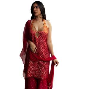 Vente de gros Costume Palazzo en soie ombré orange et rouge avec imprimé Bandhani Vêtements ethniques pour femmes Usine de vêtements OEM Fournisseur en gros - Product Image 3