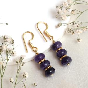 Handmade Silver Plated Gold Dangle <b>Earrings</b> Birthstone Amethyst Spacer Beads with Findings and Gold Hook - Product Image 3
