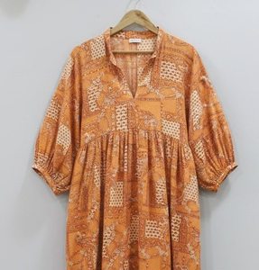 Robe midi bohème élégante et unique pour femme, été, printemps, automne, 100% coton, manches bouffantes, imprimé floral, coupe évasée - Product Image 2