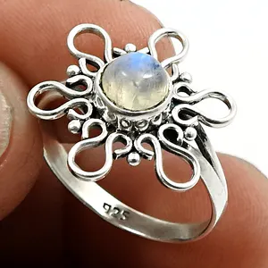 蓝火彩虹月光石母子独特戒指925纯银手工精美戒指珠宝批发商