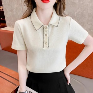 Ropa de manga corta para mujer, camiseta de verano, Polo transpirable, nuevo cuello vuelto, hermoso botón, Patchwork, Tops cortos de moda - Product Image 5