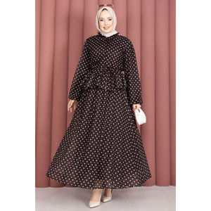 Lady's Coffee Chiffon 2-Piece Outfit Ruffled <b>Skirt</b> Polka Dot Blouse Loose Fit Short Length Tops Cropped XL for Spring/Summer - Product Image 4