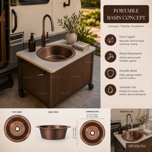 DIVRIS Évier rond en cuivre martelé fait main, vasque simple à poser sur comptoir, finition rustique polie, facile à nettoyer, taille 16 pouces - Product Image 5
