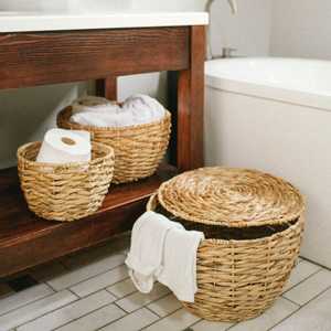 Set of 3 Large Round Water Hyacinth <b>Baskets</b> with Lids Flexible Seagrass Woven <b>Square</b> Shape for Home Use - Product Image 4