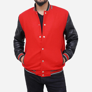 Men's Red Varsity Jacket With Black Leather Sleeves Button Closure Turn-<b>down</b> Collar Casual Autumn Wear Regular Fit - Product Image 1