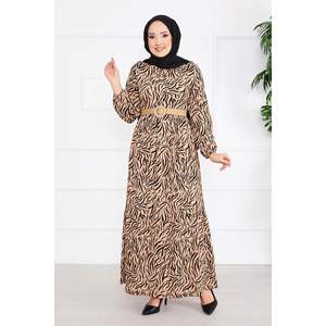 Mink Modest Dress with Stylish Crepe Hijab Broken <b>Glass</b> Pattern Belted Design - Product Image 3