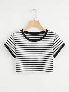 Camiseta corta de manga corta transpirable a rayas de algodón 100% MOQ bajo para mujer - Product Image 3