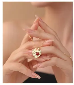Trendy yeni gümüş 925 taş takı 18k altın kırmızı akik oniks kalp kadınlar için kilit şekli kolye kolye