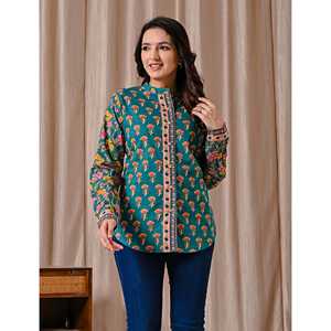 Blusa de Algodón Popelín con Estampado Floral Verde Oscuro y Cuello con Volantes Vintage, Talla Única y Opciones XL para Mujer - Product Image 3