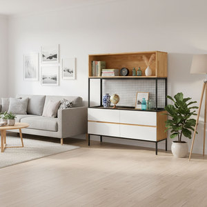Étagère décorative sur pied KTB68150 120x35x140cm avec tiroirs en bois d'hévéa pour salon - Product Image 2
