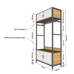 Armarios de Madera de Diseño Industrial con Dos Cajones, Convertibles y Plegables, Tamaño 100x40x190cm, Madera de Caucho, Estructura de Hierro, Embalaje Plano KQA68049 - Product Image 6