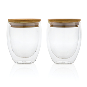 Set di tazze di vetro a doppia parete da 250ml con coperchio in bambù - Product Image 2