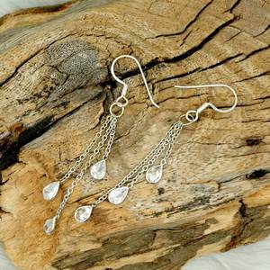 925 Sterling <b>Silver</b> Handmade <b>Long</b> Drop <b>Earrings</b> Faceted Cubic Zirconia Fashionable Light Gemstone Anniversary Gift for Her - Product Image 1