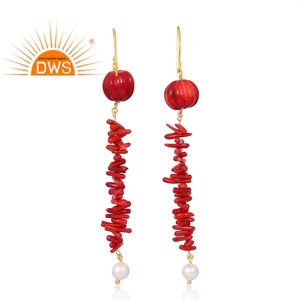 Best Selling Sterling Silver 18K Flash <b>Gold</b> Plated Pearl & Coral Cultured Gemstone <b>Dangle</b> <b>Earring</b> Demi Fine Jewelry Manufacturer - Product Image 2