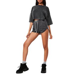 Conjunto de 2 piezas para mujer, Top corto personalizado informal Vintage lavado ácido, conjunto corto de dos piezas corto de algodón para mujer, entrenamiento 2026 - Product Image 1