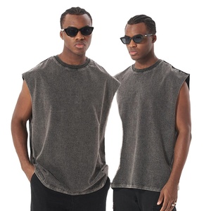 Débardeur homme été haute qualité, effet délavé, 100% coton tricoté, uni et sans manches, respirant et imprimé. - Product Image 2