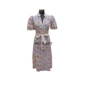 Vestido de Algodón Puro con Estampado Floral Dulce hasta la Rodilla para Mujer, Diseño Elegante y Nuevo con Decoración de Cinturón, Ideal para Fiestas - Product Image 1