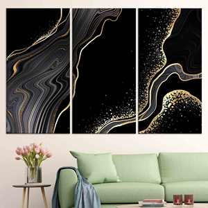 Arte de pared en lienzo con diseño de mármol negro y dorado: elegante impresión en vidrio templado, JUEGO DE 3 LIEÑOS - Product Image 1