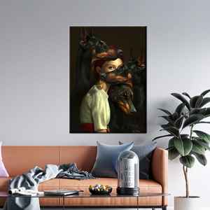 ผู้หญิงลึกลับกับโดเบอร์แมน ภาพพิมพ์บนผ้าใบ ศิลปะโกธิคแนวเหนือจริงสีเข้ม ห่อหุ้มอย่างดี - Product Image 1