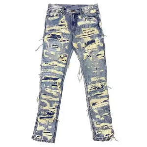 Jeans pour homme délavés, taille mi-haute, anti-froissement, en denim 100% coton, style décontracté, taille plus, avec jambe rugueuse et bas déchiré - Product Image 6