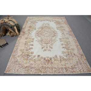 Vintage Turkish Rug, 5.6x8.7 ft Large Rug, <b>Brown</b> White Animal Print <b>Wool</b> Rug - Product Image 1