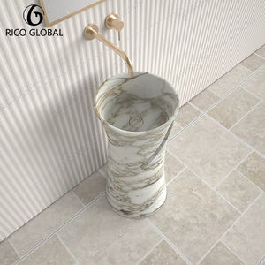 Lavabo Pedestal de Ónix Calacatta Gold de Lujo, Diseño Rústico con Remolinos y Vetas Crema-Doradas para Baños Contemporáneos Elegantes - Product Image 3