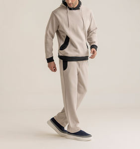 Vêtements de sport sur mesure en gros, vêtements de sport d'hiver, ensemble de survêtement beige pour homme, survêtement de jogging avec bordure contrastée, streetwear urbain - Product Image 3