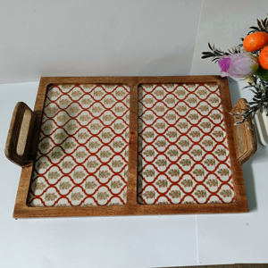 Bandeja de servicio de madera de mango rectangular de tamaño personalizado de primera calidad, diseño geométrico único, bandeja decorativa elegante para el hogar, artesanal hecho a mano - Product Image 1