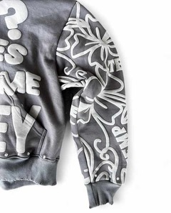 Custom Distressed Hem Rhinestone Pullover Boxy Recortado de gran tamaño Acid Wash Zip up Puff Print Hoodies Hombres - Product Image 5