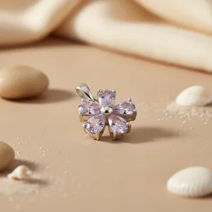 จี้รูปดอกไม้ทำมือประดับอเมทิสต์สีโรสโกลด์สำหรับผู้หญิง-เงินแท้ 925 - Product Image 1