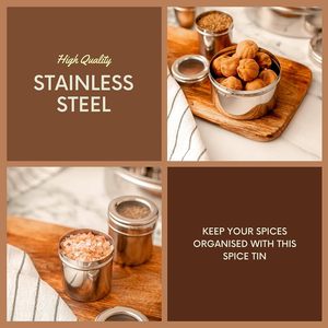 Caja de especias de acero inoxidable de grado alimenticio de alta calidad, tapa transparente clásica India Masala Dabba, plegable, incluye cuchara organizadora - Product Image 5