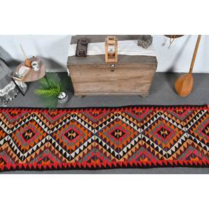 Vintage Turkish Kilim Rug 2.8 X 10ft <b>Red</b> Orange <b>Wool</b> with Latex Backing New Abstract Pattern for Entryway Hallway 9x12 Jute Rug - Product Image 5