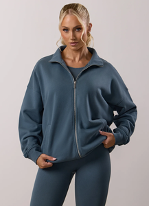 Chaqueta Deportiva de Forro Polar para Mujer, Venta al por Mayor, Cuello Alto, Cremallera Completa, Sudadera de Algodón, Diseño Sólido, Otoño - Product Image 3