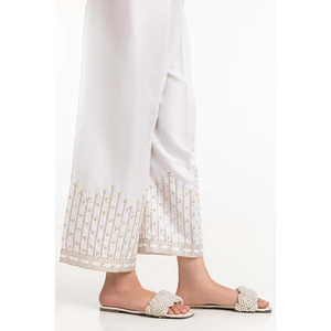 Pantalon large blanc 100% soie brute satinée, taille haute, brodé, respirant TR-24-26 - Product Image 1