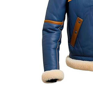 Custom <b>Men's</b> Blue <b>Shearling</b> Leather <b>Jacket</b> Warm Fur Lined Aviator Bomber Winter Coat Zip Up Motorcycle Outerwear - Product Image 4