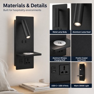 Lampada da Parete per Lettura con Ricarica Wireless e Prese USB-C/USB-A per Camere d'Albergo, Produzione OEM - Product Image 6