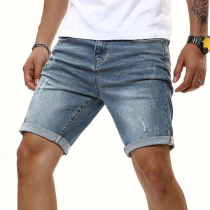 Pantalones cortos de mezclilla de cintura media informales de tendencia de moda de verano para hombre, patrón de puntos de lona, lavado oscuro, bolsillo desgastado, dobladillo de pie bordado 100% - Product Image 6