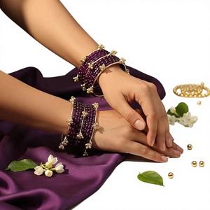 Premium Gold Plated Trendy Multi-Tone Kashmiri Glass & Pearl <b>Bangle</b> <b>Set</b> Ombre Finish Glitter Accents Traditional Wedding - Product Image 1