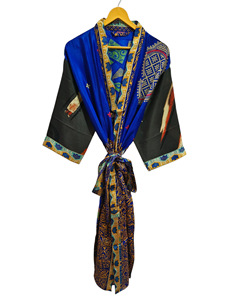 Bridal Robe Light Weight Silk Robe For <b>Woman</b> Night Wear Long Robe, Floral Print Indian Vintage Recycled Silk Sari <b>Kimono</b>, - Product Image 2