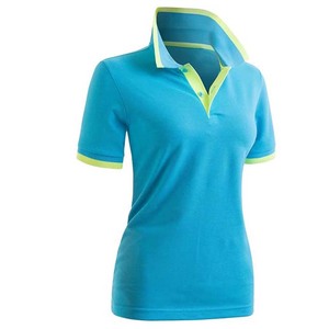 Polo bleu pour femme avec bordure vert citron, manches courtes, décontracté, respirant, tricoté, 100% polyester, couleur unie, longueur normale - Product Image 2