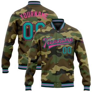 Chaqueta Bomber Casual de Invierno Personalizada con Estampado de Camuflaje Aqua Negro-Rosa, Estilo Universitario, con Botones a Presión, Estilo Militar, Venta Directa de Fábrica - Product Image 1