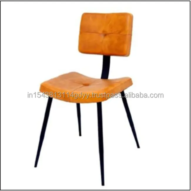 Cadeira de jantar de couro genuíno, cadeira rústica de metal industrial com armação de couro confortável para cadeiras de café