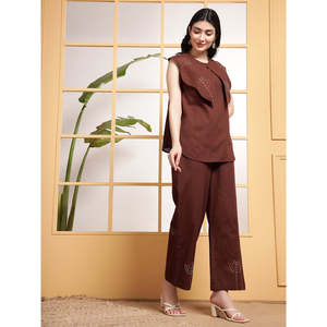 Deebaco Women's Brown <b>Linen</b> Cotton Sleeveless <b>Top</b> With Embroidered Pants Co-Ord Set Casual Spring Summer Loose Fit Two Piece Set - Product Image 6